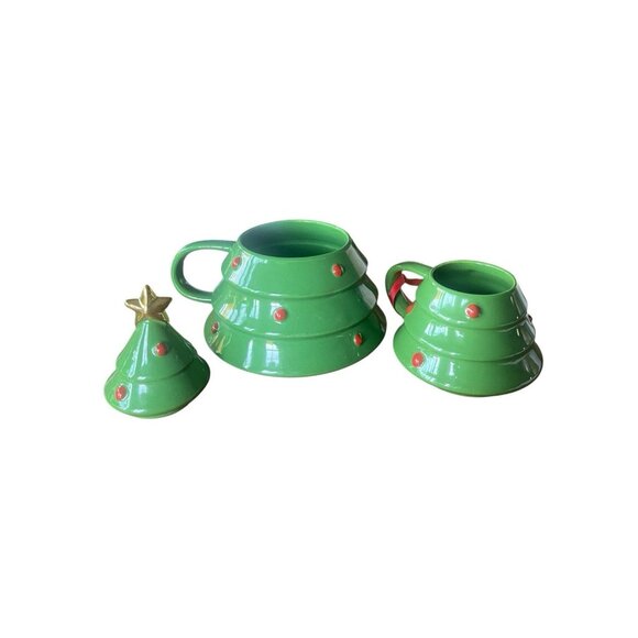 Hallmark Christmas Tree Stacking Mugs Set w Star Topper Lid Green Gold Holiday - Picture 3 of 6